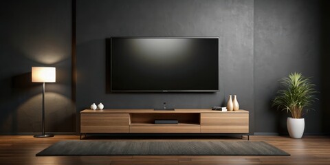 Modern Living Room with Flat Screen TV, Wooden Cabinet, Floor Lamp, and Plant