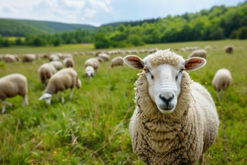 Fototapeta premium Curious sheep in lush green pasture