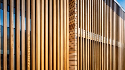 Fototapeta premium Modern Architectural Facade with Vertical Wood Slats and Geometric Patterns