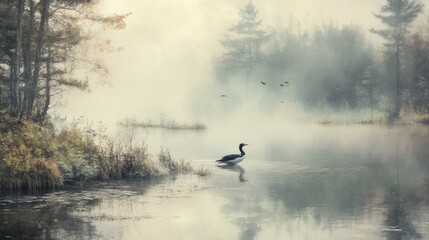 Fototapeta premium Springtime scene with a departing loon (hazy dawn). There were birds all over the lake's surface in the foggy forest. The image is a work of fine art photography. The photograph's artistic style.