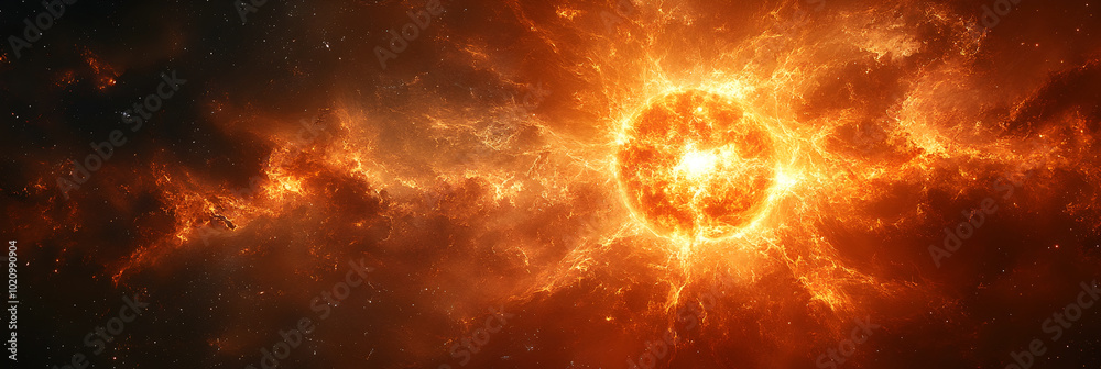 Poster cataclysmic cosmic explosion:a powerful supernova eruption engulfing the universe in fiery chaos and
