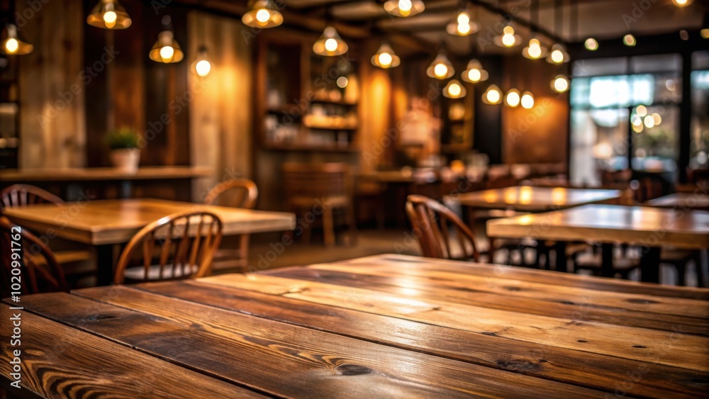 Aufkleber rustic wooden table in a dimly lit restaurant with a blurred background of other tables and chairs