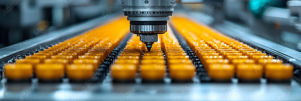 Poster close-up view of the robotic arm in a high-tech automated manufacturing plant precision assembling m