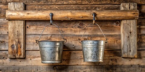 Two Empty Buckets Hanging From Rustic Hooks On A Wooden Wall