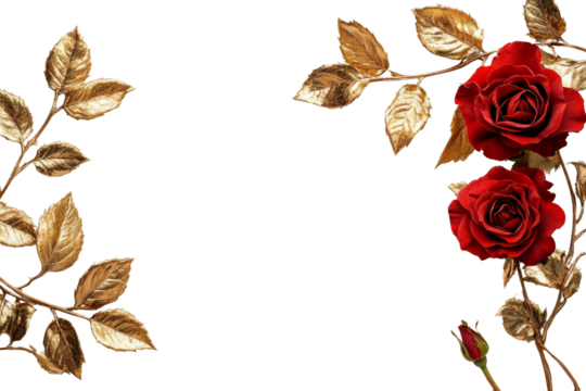 Elegant red roses with golden leaves, beautifully arranged on a white background.