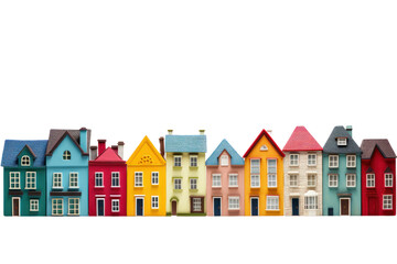A row of vibrant, multi-colored houses with bold hues, including red, yellow, blue, green, and pink, each with unique architectural details