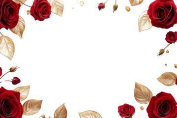 Elegant red roses with golden leaves frame, perfect for romantic or celebratory designs on a plain background.