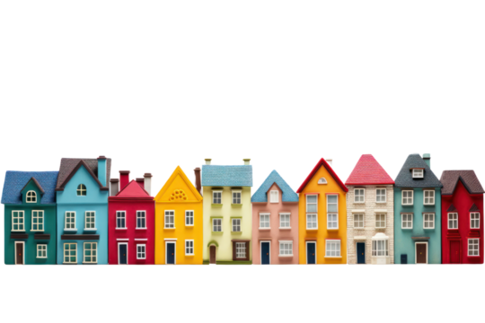 A row of vibrant, multi-colored houses with bold hues, including red, yellow, blue, green, and pink, each with unique architectural details