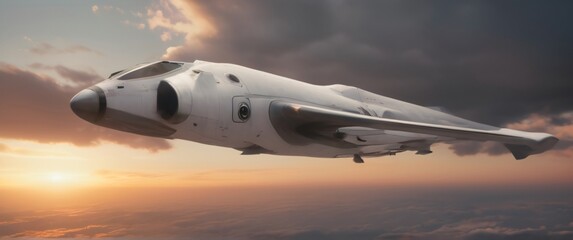 Sleak futuristic modern spaceship flying over clouds with sunset in background. Highly detaild and realistic illustration