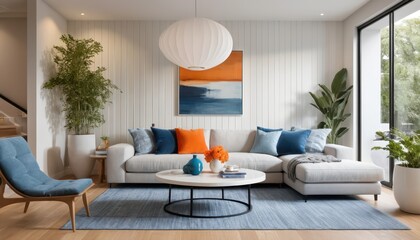 Naklejka premium Modern Living Room Design with Elegant Decor and Vibrant Colors
