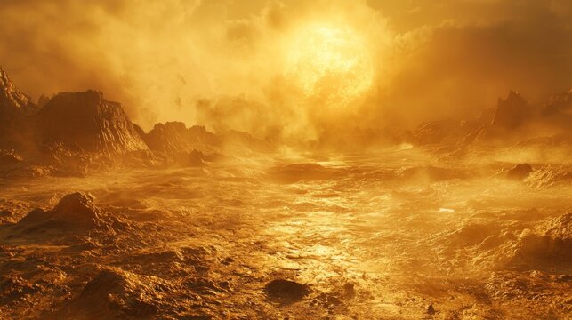 The surface of Venus, with its thick atmosphere and rocky terrain