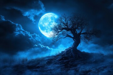 Naklejka premium A spooky scary blue Halloween background scene with full moon, clouds, hill and scary tree with generative ai