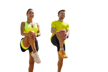 Two Fitness Enthusiasts Performing Dynamic Stretches Outdoors Under Clear Skies During a Bright Sunny Day