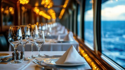 Elegant dining hall on cruise ship set for New Years Eve gala with stunning sea view and ambient lighting