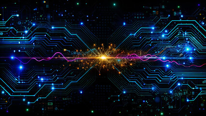 Vibrant digital circuit board features connected lines and bright lights on a dark background with a series of lights in the middle. Electric blue and pink lines weave through the scene.AI generated.
