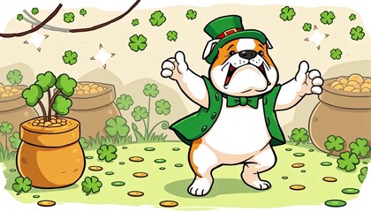 Naklejka premium Cheerful Cartoon Bulldog in a Leprechaun Outfit Celebrating St. Patrick's Day with Clover and Gold