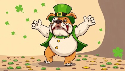 Naklejka premium Cheerful Cartoon Bulldog in a Leprechaun Outfit Celebrating St. Patrick's Day with Clover and Gold