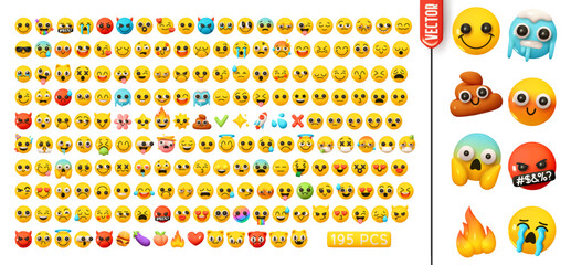 Large set of round yellow smile faces in realistic 3d cartoon style, featuring various facial expressions isolated on white background. Big collection of funny balls emotions. Vector illustration