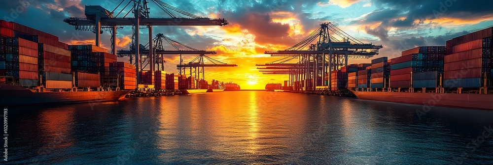 Poster dramatic sunset skyline of a busy cargo seaport with large container cranes and stacks of shipping c