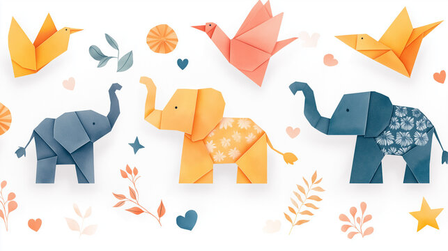 A seamless pattern of playful origami animals in vibrant, cheerful colors , paper cranes, tigers, elephants, and parrots, all decorated with intricate floral and geometric patterns. - Powered by Adobe