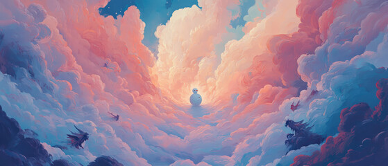 Surreal Snowman Floating in Dreamy Cloudscape