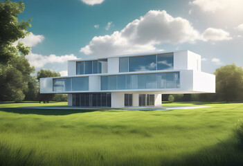 Obraz premium A clean white minimalist building amidst a vast grassland and a bright blue sky, with white clouds floating in the background. - Generative AI