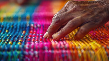 Handmade Weaving, vibrant colors, close-up, workshop setting, photography