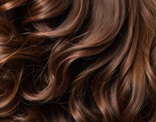 Naklejka premium This close-up image highlights the stunning texture and shine of beautiful curly hair. The rich brown curls create a captivating and inviting look under natural light. Care cosmetics. Generative AI