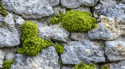 Fototapeta premium Photo depicting bright green moss on an old stone wall. Close-up. Slovenia, Ljubljana city, Castle area.