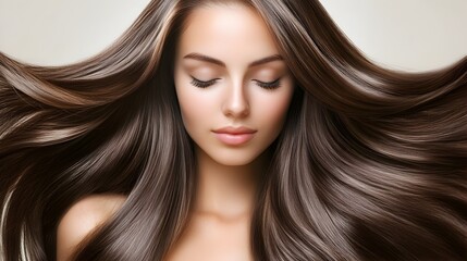 Fototapeta premium Captivating Portrait of a Gracefully Elegant Woman with Stunning Long and Shiny Hair