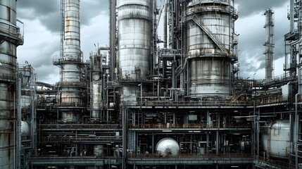 Fototapeta premium A detailed look at the towering cracking units, reactor vessels, and complex machinery in a petrochemical plant.