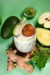 Vitamin green smoothie. Green vegetables. Celery, avocado, apple. Vegetable cocktail. Cleansing the body