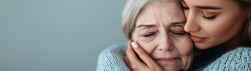An intimate scene of a daughter tenderly holding her elderly mothers face, capturing the deep bond and love between generations, warm and emotional