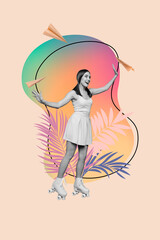 Creative trend collage of young female enjoy summer vacation roller skater have fun unusual fantasy billboard comics