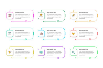 nine step Infographics Design Template, Chart diagram, Graph, Pie chart, workflow layout, report, presentation design elements Editable Vector illustration, Process diagram in white background