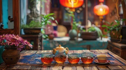 Organic Tea House, cozy ambiance, vibrant colors, indoor setting, photography
