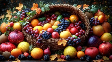 A vibrant display of assorted fruits in a woven basket.