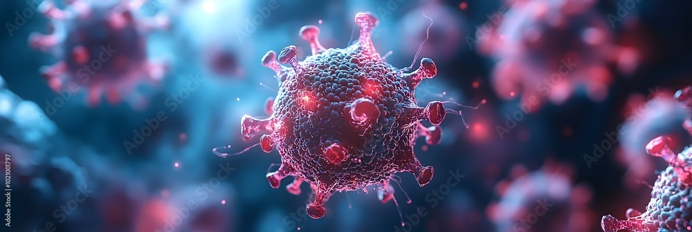 Poster Detailed microscopic view of a highly contagious coronavirus or COVID-19 virus particle structure in vibrant red and blue tones.