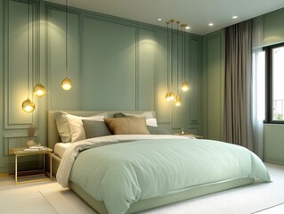 A modern women bedroom with mint walls, gold accent lighting, and minimalist decor for a chic vibe