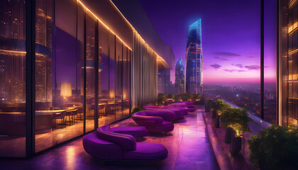 Obraz premium A luxury high-rise building with an infinity pool on the rooftop, offering a view of the city at night filled with lights. - Generative AI