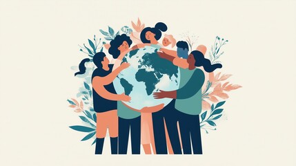 Diverse group of individuals working together around a globe surrounded by plants, symbolizing unity and environmental care