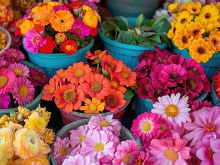 Urban Flower Market, vibrant colors, fresh blooms, bustling crowds, photography