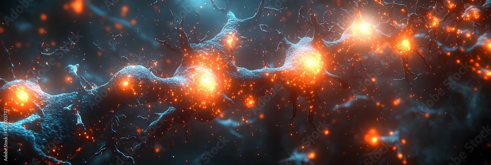 Poster Dramatic cosmic explosion with fiery nebula and glowing particles in deep interstellar space. Powerful stellar burst,supernova or meteor impact creating chaotic energy and light display.