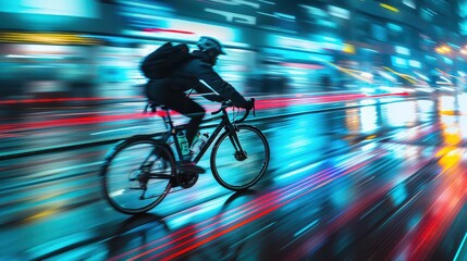 Urban Night Biking, dynamic action, vibrant colors, cityscape at night, photography