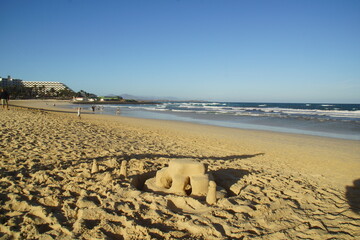 landscape, of sand beach on sunny and volcanic island