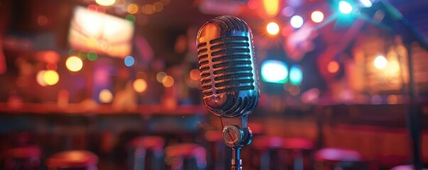 Urban Open Mic Night, vibrant colors, dynamic scenes, indoor setting, photography