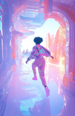 Person in vibrant clothing running through a surreal digital environment with pastel colors and abstract shapes, suggesting a journey through a futuristic world of imagination.