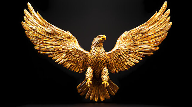 golden eagle statue with wings spread wide against black background. eagle appears proud and powerful