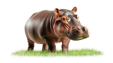Fototapeta premium Cute Hippo Standing on Green Grass Isolated Background
