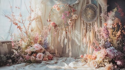 A dreamy arrangement of flowers set against soft fabrics and dreamcatchers, creating a whimsical and enchanting atmosphere